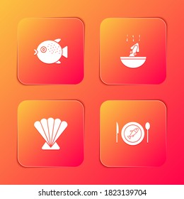 Set Puffer fish, Soup with octopus, Scallop sea shell and Served on plate icon. Vector.