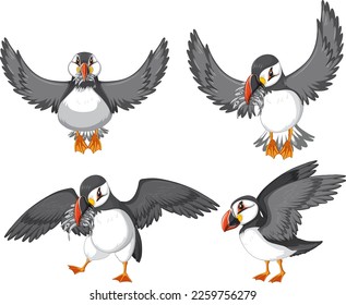 Set of puffin bird cartoon character in different poses illustration