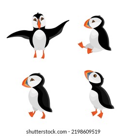 Set of puffins. Flying, standing, sitting, walking. Drawn in cartoon style. Vector illustration for designs, prints and patterns. svg