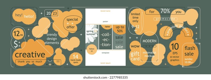 Set of puffy, airy spots and labels in a round shape. Additional trendy geometric linear frames. Decorative design elements for social media, web, advertising and print. Vector template
