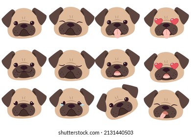 Set of Pug dog emotions. Funny Smiling and angry, sad and delight dog. Face of dog cartoon emoji. Illustration about kawaii animal and pet in flat vector style.