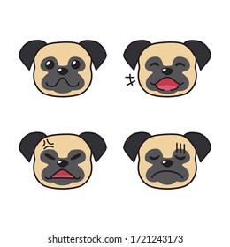 Conjunto de caras de perro de pug que muestran diferentes emociones para el diseño.