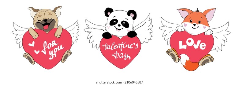 Set with pug dog, fox and panda holding a heart. Vector illustration for valentine's day