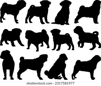 Set of Pug Dogs Silhouette, Pet, Dog Breed