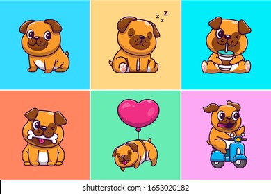 A Set Of Pug Mascot Vector Icon Illustration. Collections Of Cute Pug Logo Mascot Concept Isolated. Flat Cartoon Style Suitable for Web Landing Page, Banner, Flyer, Sticker, Card, Background