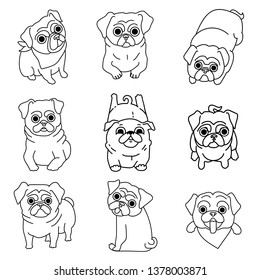 Set of pugs isolated on white background. Line-art dogs.

