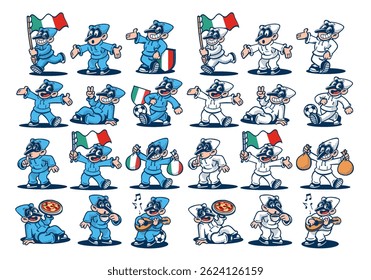 set of pulcinella retro cartoon characters with italy flag