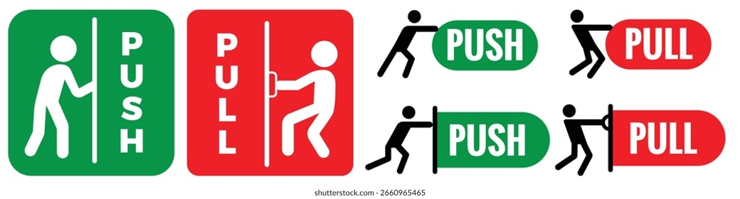 Conjunto de señales de puerta de tracción o empuje. Concepto de diseño de pegatina de icono de empuje y tirón de Vector. Ilustración vectorial.