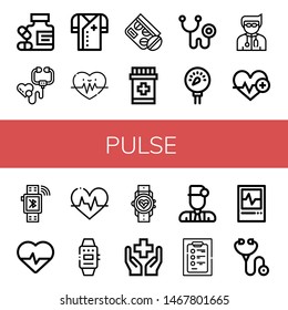 Set of pulse icons such as Medicine, Stethoscope, Doctor, Heart rate, Phonendoscope, Pressure, Heartbeat, Smartwatch, Cardiology, Health, Diagnosis, Ecg , pulse