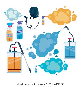 Conjunto de botellas pulverizadoras de pulverización y diseño de humos, Salud de lavado de higiene y tema limpio Ilustración vectorial