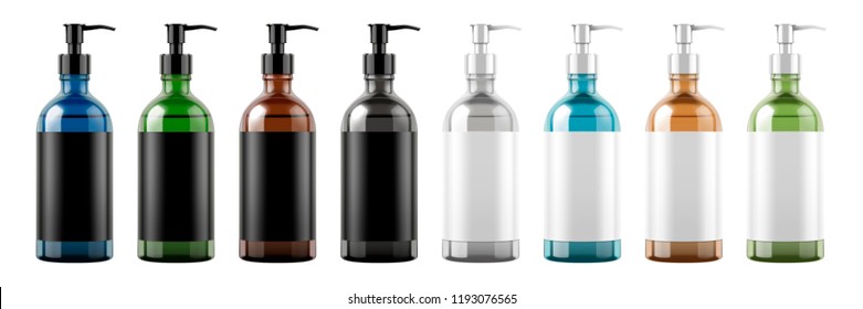 Set of pump bottles with blank labels on white background in 3d illustration