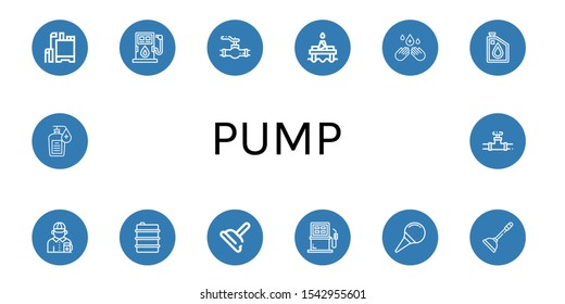 Set of pump icons. Such as Pesticide, Fuel, Valve, Oil platform, Hand sanitizer, Oil, Gas station attendant, Plunger, Nasal aspirator , pump icons