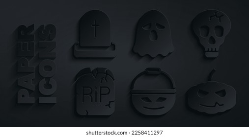 Set Pumpkin basket for sweets, Skull, Tombstone with RIP written, Ghost and  icon. Vector