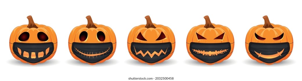 Set Pumpkin with black medical mask with scary smile. The main symbol of the Happy Halloween holiday. Orange pumpkin with smile for your design for the holiday Halloween.