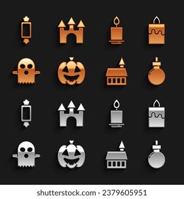 Set Pumpkin, Burning candle, Bomb ready to explode, Castle, Ghost, Candy and  icon. Vector
