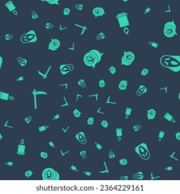 Set Pumpkin, Burning candle, Scythe and Funny scary ghost mask on seamless pattern. Vector