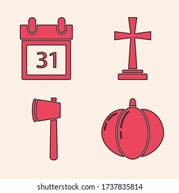 Set Pumpkin , Calendar with Halloween date 31 october , Tombstone with cross  and Wooden axe  icon. Vector