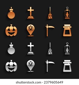 Set Pumpkin, Camping lantern, Bottle with potion, Scythe, Witches broom, Bomb ready to explode and Tombstone cross icon. Vector