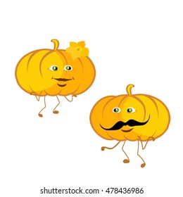 Set of pumpkin cartoon characters with mustache and flower. On the head of the female character has a flower.
