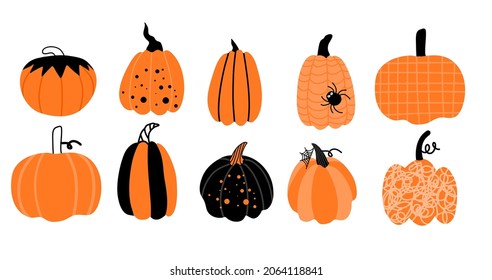 Set of pumpkin cartoon icons. Orange and black pumpkins isolated vector symbols for agricultural harvest,Thanksgiving or Halloween design.