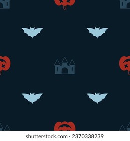Set Pumpkin, Castle and Flying bat on seamless pattern. Vector