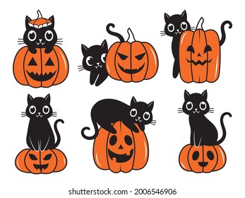 Set of pumpkin cat. Collection kiiten with pumkin. Fuuny pets. Happy halloween. Scary print for design. Vector illustration on white background.  