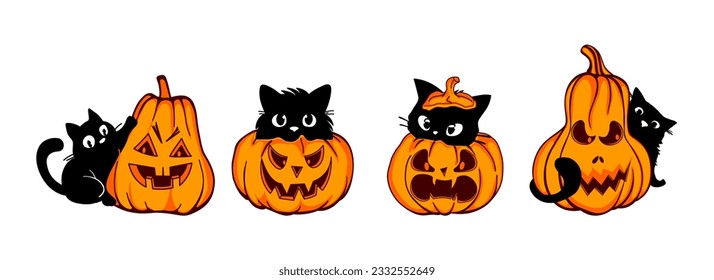 Set of pumpkin cat. Collection kiiten with pumkin. Happy halloween. Scary print for design. Vector illustration.