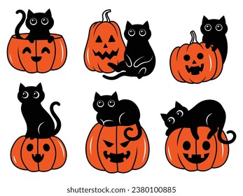 Set of pumpkin cat. Collection kiiten with yellow pumpkin. Fuuny pets. Happy halloween. Scary print for design. Vector illustration on white background.  