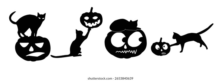 Set of pumpkin cat. Collection kiiten with yellow pumpkin. Fuuny pets. Happy halloween. Scary print for design. Vector illustration on white background