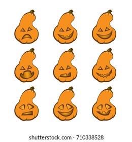 set of pumpkin for celebrating halloween, emotions and faces, flat icons