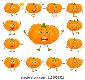 Set of pumpkin characters. Cartoon vector pumpkins with different emotions in various poses. Template for Thanksgiving or Halloween.