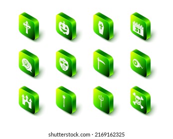Set Pumpkin, Coffin with cross, Calendar Halloween, Eye, Skull on crossbones, Scythe, Neptune Trident and Magic wand icon. Vector