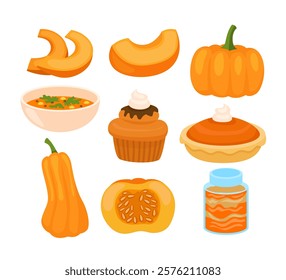 Set of pumpkin collection with sliced pumpkin, soup, cupcake, pie and pumpkin jar, autumn food, Fall seasonal bakery and drinks made from fruit, isolated on white background, flat vector illustration.