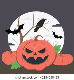 Coloca la correa de calabaza, murciélagos en el fondo de la noche. Calabaza naranja con sonrisa para tu diseño para la fiesta de Halloween. Ilustración vectorial.