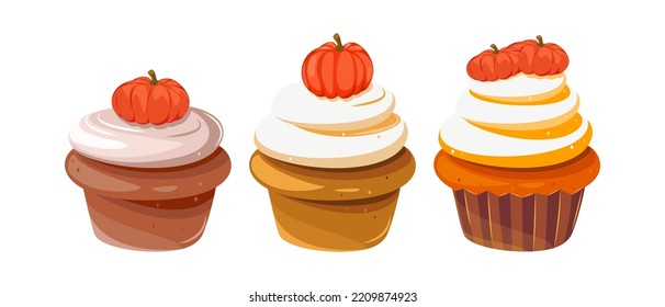 A set of pumpkin cupcakes with whipped cream and pumpkins.Design elements for Thanksgiving, Halloween.