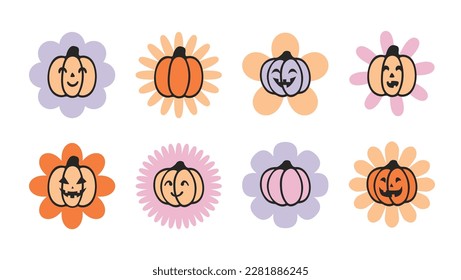 Set of pumpkin daisy with carved pumpkin style face with smile, funny emotion. Groovy retro Halloween clip art design element, t shirt print.