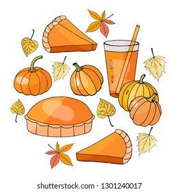 Set of pumpkin elements: pumpkin, juice, pie, piece of pie