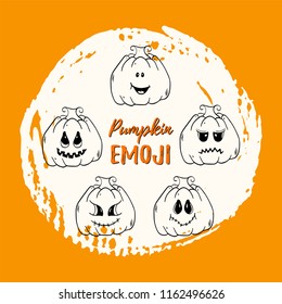 Set of pumpkin emotions. Vector Halloween mood icons. Line art pumpkins with different emotions. Autumn holidays. Vector illustration pumpkins funny and  spooky creepy faces.