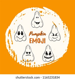 Set of pumpkin emotions. Vector Halloween mood icons. Line art pumpkins with different emotions. Autumn holidays. Vector illustration pumpkins funny and  spooky creepy faces.
