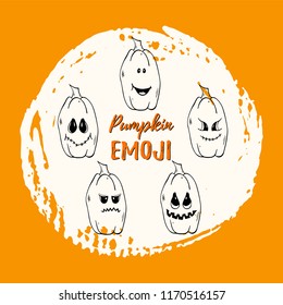 Set of pumpkin emotions. Vector Halloween mood icons. Line art pumpkins with different emotions. Autumn holidays. Vector illustration pumpkins funny and  spooky creepy faces.