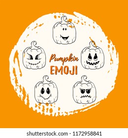 Set of pumpkin emotions. Vector Halloween mood icons. Line art pumpkins with different emotions. Autumn holidays. Vector illustration pumpkins funny and  spooky creepy faces.