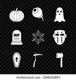 Set Pumpkin, Eye, Ghost, Coffin with christian cross, Scythe, Wooden axe, Tombstone RIP and Spider web icon. Vector