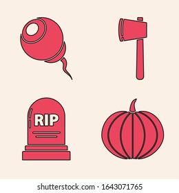 Set Pumpkin , Eye , Wooden axe  and Tombstone with RIP icon. Vector