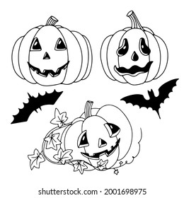 Set Pumpkin with eyes is an element of decor for Halloween. Coloring. Gloomy Doodles. Vector illustration isolated on white background