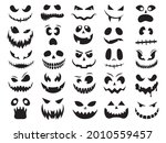 Set of pumpkin face. Collection of different types of smiling faces with teeth. Line art. Creepy mouth masks. Halloween masks. Vector illustration for children. Tattoos.