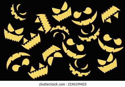 Set of pumpkin faces. Different face expressions. Halloween seamless pattern Vector illustration. Pumpkin devil and funny faces. Silhouette wallpaper background vector. 