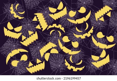 Set Kürbisgesicht. Unterschiedliche Gesichtsausdrücke. Halloween nahtloses Muster, Vektorgrafik. Kürbis-Teufel und lustige Gesichter. Silhouette Hintergrundbild, Vektorgrafik. 