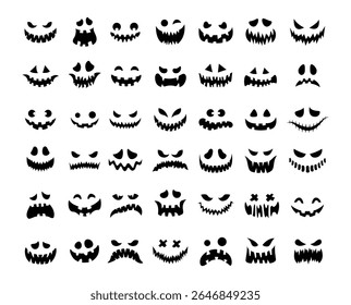 Set of pumpkin faces for Halloween. Vector illustrations. Cartoon style. Black silhouettes isolated on white background. Creepy smiling faces. For cards, flyers, printing on T-shirts, textiles.
