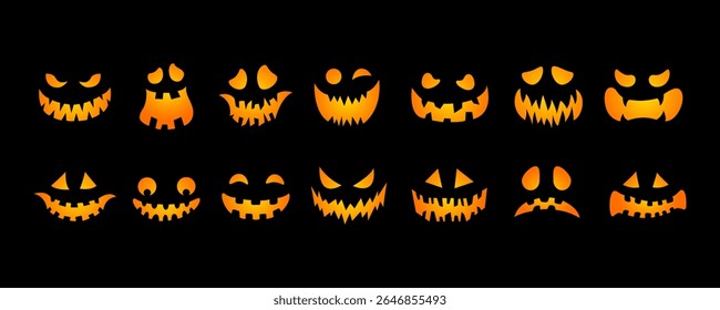 Set of pumpkin faces for Halloween. Vector illustrations. Cartoon style. Faces silhouettes isolated on color background. Creepy smiling faces. For cards, flyers, printing on T-shirts, textiles.