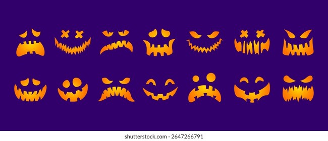 Conjunto de rostos de abóbora para o Halloween. Ilustrações vetoriais. Estilo de desenho animado. Silhuetas de faces isoladas no fundo de cor. Rostos sorridentes assustadores. Para cartões, folhetos, impressão em camisetas, têxteis.